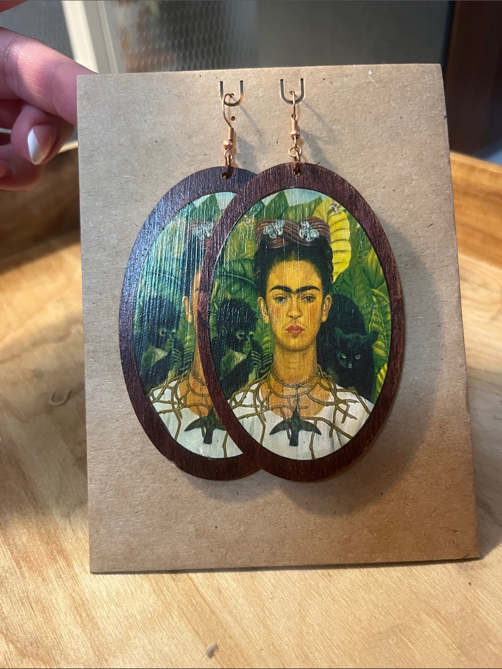 Frida Kahlo Portrait Wooden Oval Drop Earrings in Green and Brown